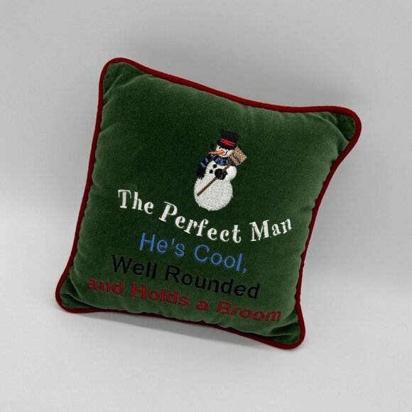 Green Velvet Pillow Snowman Embroidery The Perfect Man Christmas Throw Cushion - Picture 1 of 9